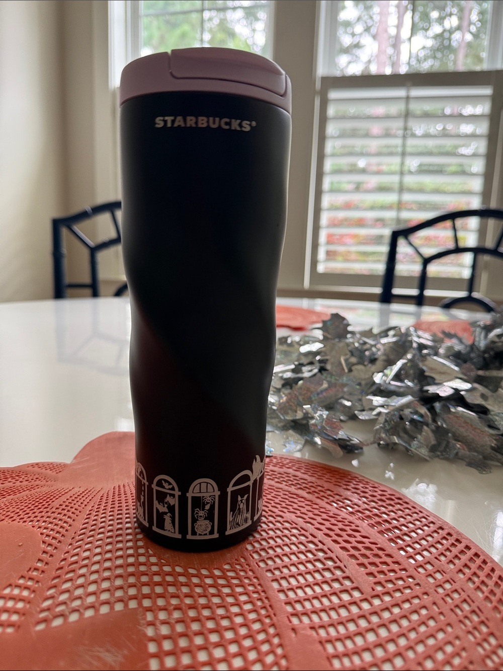 Starbucks Black Tumbler with Mauve Lid and White Window Artwork